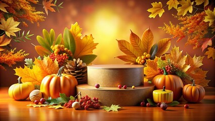 Obraz premium Autumn Product Podium Backdrop with Colorful Leaves and Natural Elements for Stylish Photography and Marketing Presentations