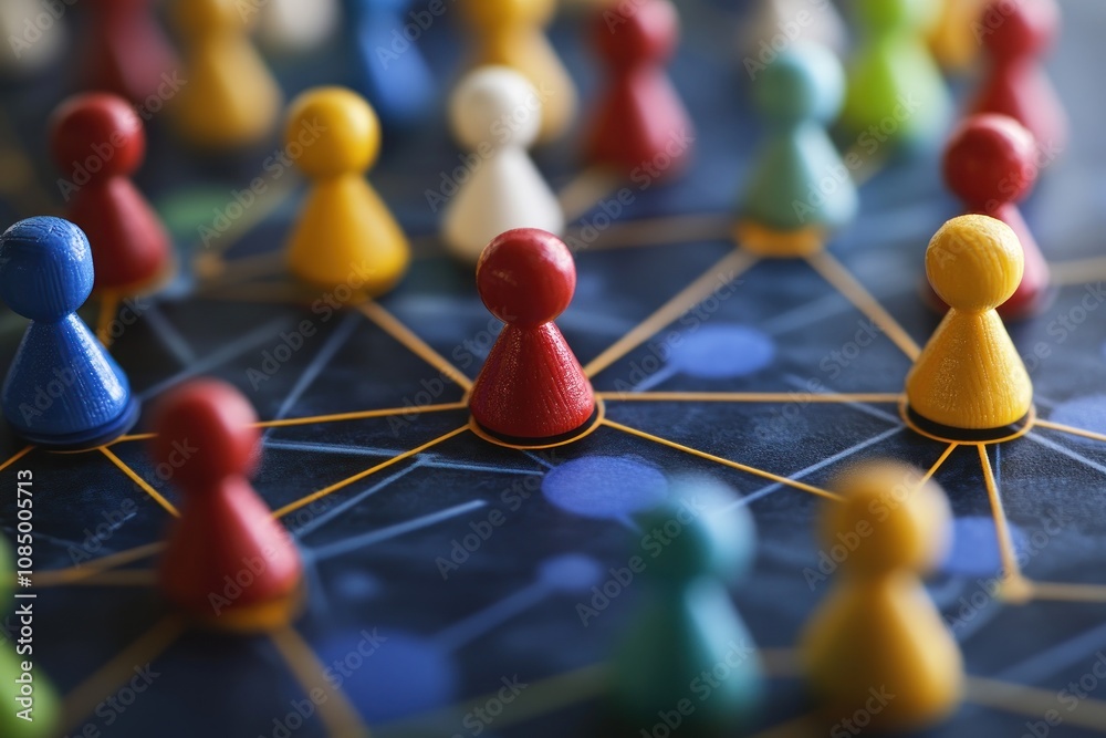 Poster Colorful wooden game pieces connected by a network of lines on a blue background.