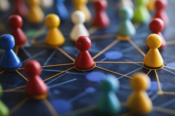 Colorful wooden game pieces connected by a network of lines on a blue background.