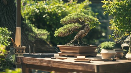 A serene garden with bonsai trees and tools for trimming and shaping neatly arranged, A tranquil outdoor setting dedicated to bonsai care, Meditative gardening style