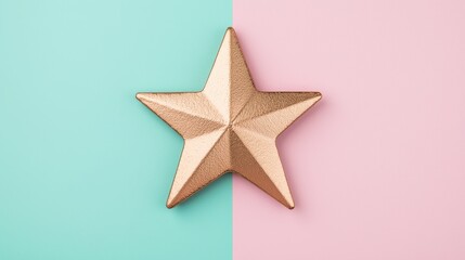 Obraz premium Metallic Star Ornament on a Split Background of Mint Green and Soft Pink, Perfect for Festive Decorations and Creative Design Projects