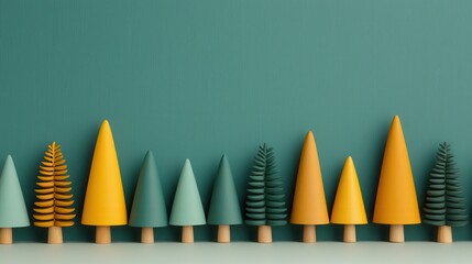 Fototapeta premium Stylized Trees in Various Shapes and Shades against a Soft Green Background, Perfect for Nature Illustrations, Holiday Designs, or Eco-Friendly Concepts