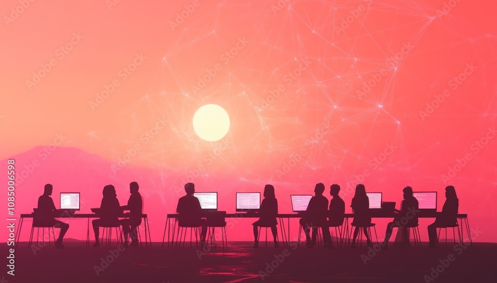 Aufkleber silhouettes of people working on computers with a bright sun behind them.