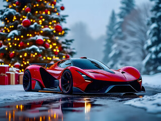 A stunning red supercar parked beside a beautifully decorated Christmas tree in a snowy winter landscape