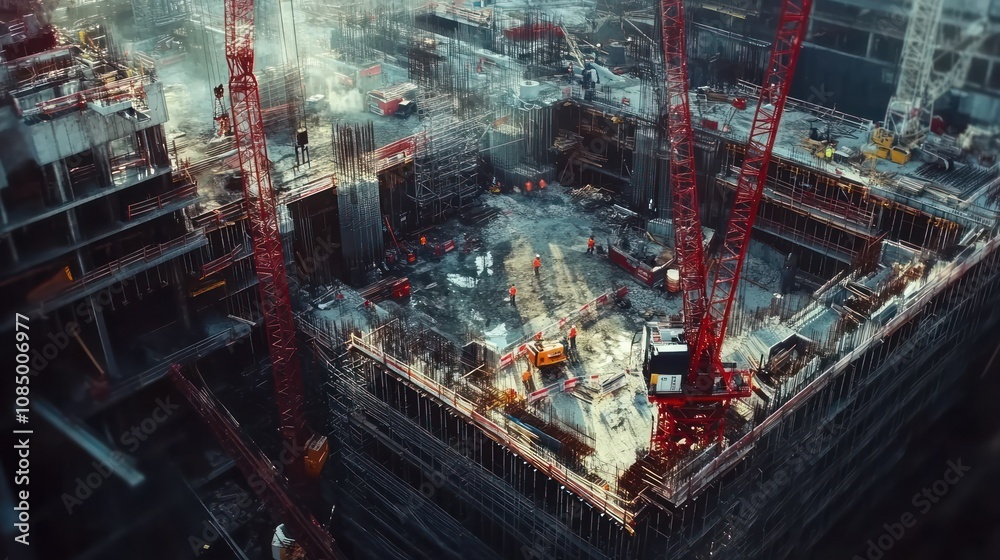 Poster Aerial View of Construction Site with Cranes and Workers