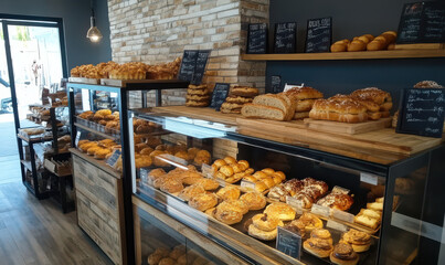 Warm, inviting bakery interior delicious bread and pastries displayed