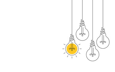 Hanging light bulbs with one glowing on white background. Continuous line drawing light bulb. Concept of idea
