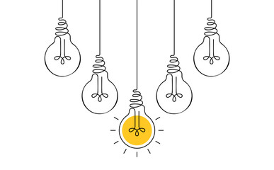 Hanging light bulbs with one glowing on white background. Continuous line drawing light bulb. Concept of idea