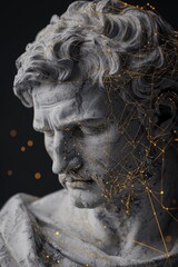 Stoic Marble Sculpture with Kintsugi Gold Accents in a Surreal Abstract Galaxy Universe