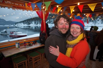 Fototapeta premium A man and woman are posing for a picture in front of a restaurant