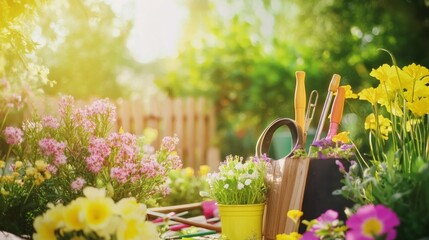 A serene gardening session in a blooming backyard, Gardening tools and plants arranged for planting, Botanical leisure style