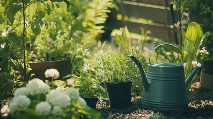 A serene gardening session in a tranquil botanical garden, Gardening tools and plants arranged for nurturing, Botanical leisure style