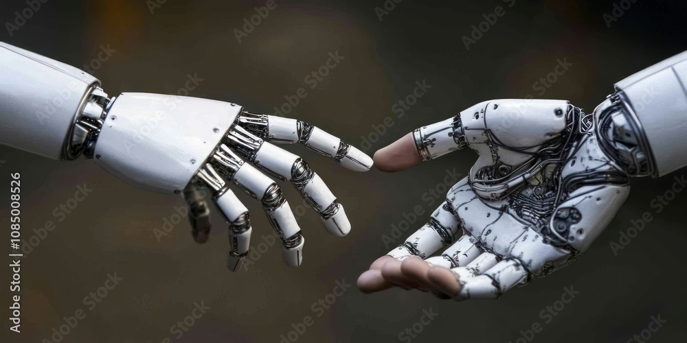 Aufkleber two robotic hands reaching towards each other, depicting a concept of human connection and technolog