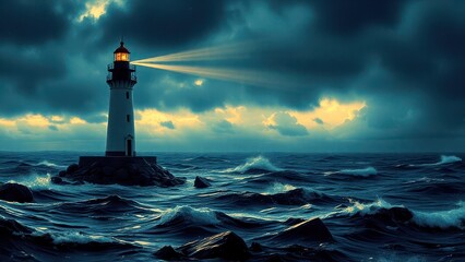 lighthouse in the middle of stormy ocean