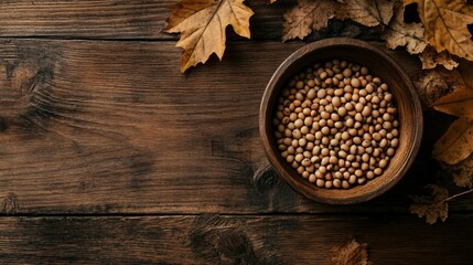 Bowl of soybeans with dried autumn leaves, isolated on a rustic wood background for an earthy feel
