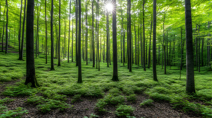 Obraz premium Sunlight Through Trees in Green Forest - Landscape Photo