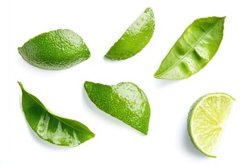 Fresh lime wedges and leaves arranged on a white background.