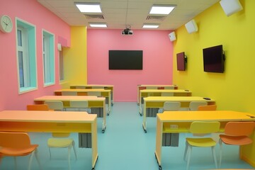 Modern classroom interior with colorful walls, desks, and chairs.