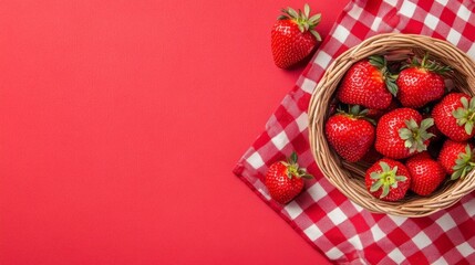 A vibrant basket of fresh strawberries sits on a checkered cloth, showcasing their rich red color against a bold red background.