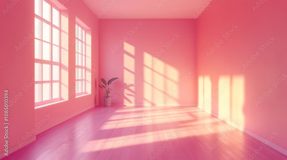 Poster empty pink room with sunlight streaming through the windows and a single plant in the corner.