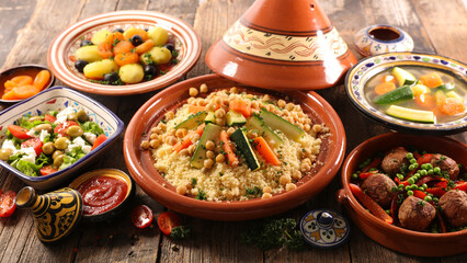 Moroccan cuisine, assorted of tagine, couscous, oriental dishes