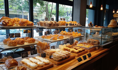 Delicious pastries and bread displayed in bakery tempting treats sweet bread bakery display cafe food dessert pastry croissant bread muffin cake sweet delicious golden appetizing yummy morning