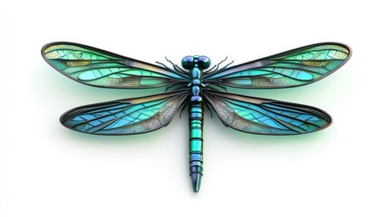 A metallic blue dragonfly with iridescent wings, isolated on a white background.