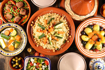 Moroccan or arabic food assortment. tagine, couscous, salad, oriental dishes