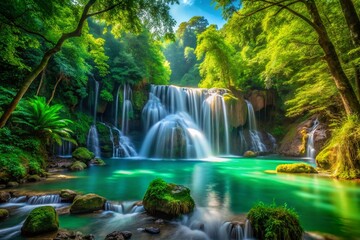Fototapeta premium Captivating Documentary Photography of the Emerald Cascade Waterfall Surrounded by Lush Greenery, Showcasing Nature's Beauty and Serenity in a Stunning Natural Landscape