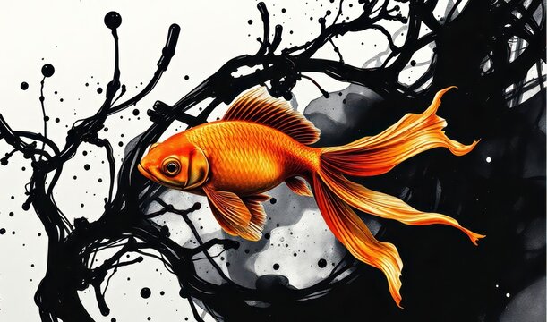 goldfish in black and white painting