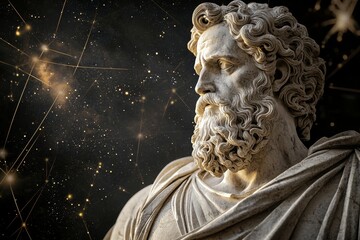 Fototapeta premium Stoic Marble Sculpture with Kintsugi Gold Accents in a Surreal Abstract Galaxy Universe