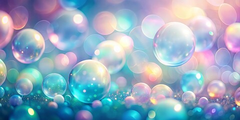 An ethereal symphony of iridescent bubbles suspended in a sea of soft pastel hues, bathed in a delicate shimmer of light.
