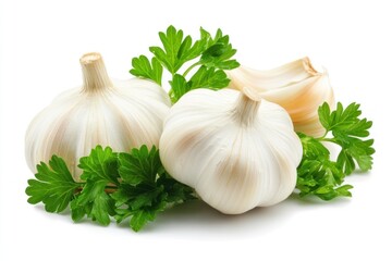Three whole garlic cloves with parsley leaves on white background.