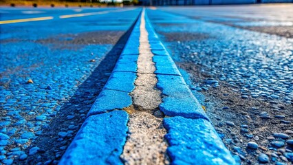 Obraz premium A white line bisects a blue painted curb along a pebbled asphalt surface, the perspective drawing the eye towards the vanishing point.