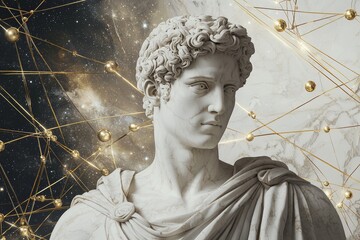 Obraz premium Stoic Marble Sculpture with Kintsugi Gold Accents in a Surreal Abstract Galaxy Universe