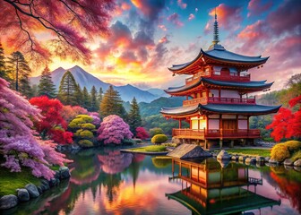 Obraz premium Surreal Japan: Vibrant Colors & Culture AI Art