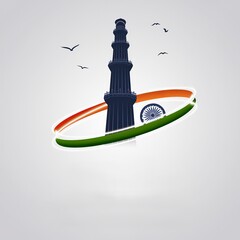 "Qutub Minar Monument silhouette Wrapped In Indian Flag Colors With Flying Birds"