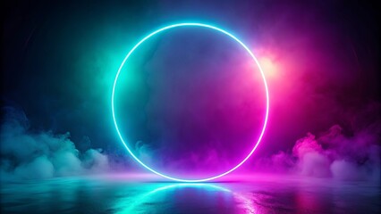 A luminous circular neon light, a glowing portal to another realm, suspended above a misty, reflective surface.