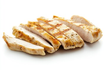 Close-up of grilled chicken breast slices isolated on white background.