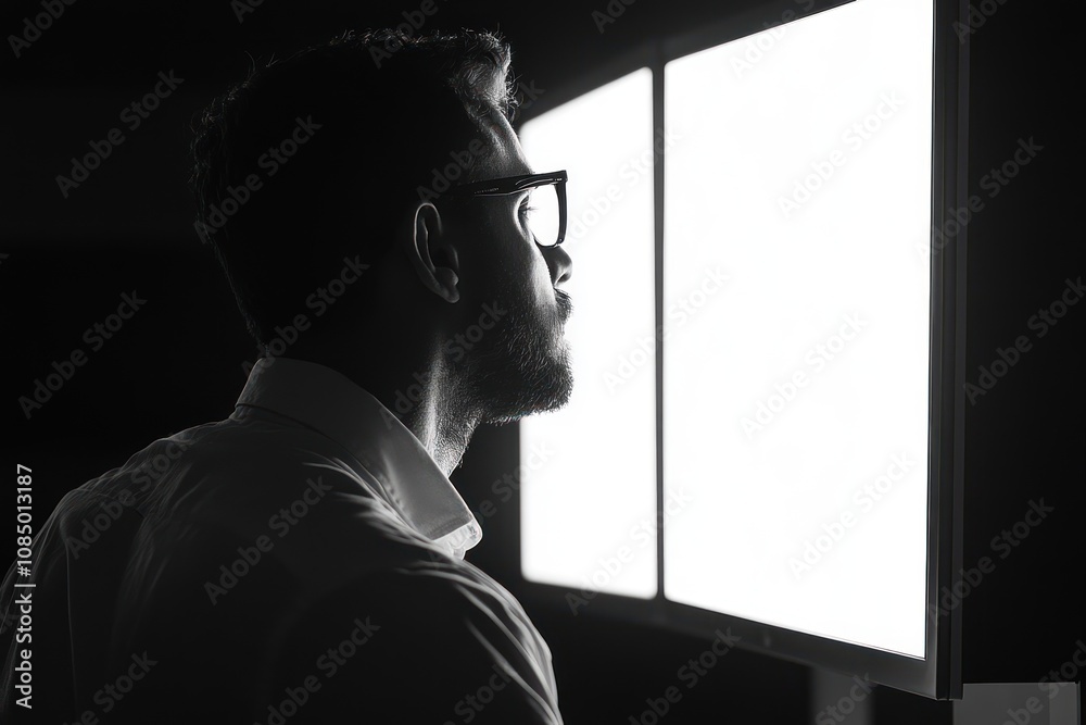 Poster a man in a dark room stares intently at two bright computer screens.