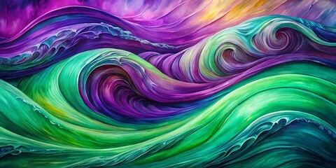 Obraz premium Abstract swirling waves in shades of green and purple, capturing the essence of fluid motion and vibrant color.