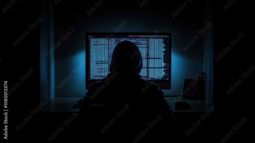 Poster a hooded figure sits in front of a computer screen in a dimly lit room, their silhouette illuminated
