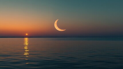 Crescent moon glowing over the ocean during a vivid sunset.

