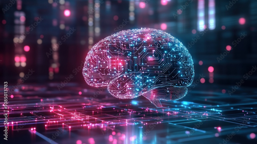 Poster 3d rendering artificial intelligence concept of human brain on circuit board background - generated 