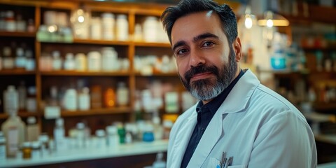 Obraz premium Man in Lab Coat Standing Near Shelves