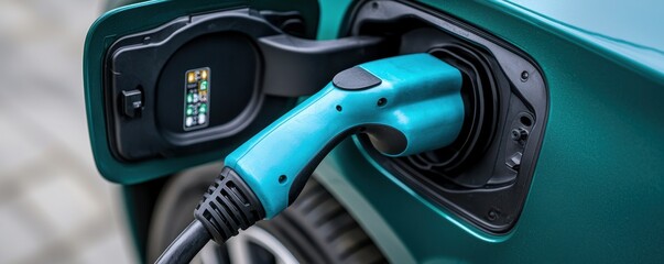An electric vehicle charging plug is connected to a charging port, showcasing the transition to sustainable transportation.