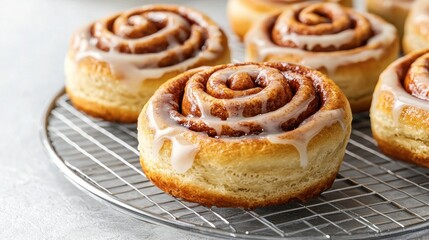 Fototapeta premium Freshly Baked Cinnamon Rolls with Creamy Glaze on a Cooling Rack, Perfect for Breakfast or Dessert, Appealing and Delicious Treat for Any Occasion