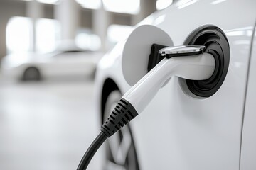 A close-up of an electric vehicle charging, highlighting the connector plugged into the car's charging port in a bright indoor setting.