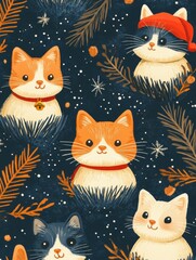 A group of cats are sitting in a forest with a red hat on one of them