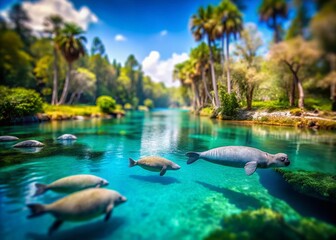 Captivating Tilt-Shift Photography of Manatees Gracefully Swimming in Pristine Spring Waters Surrounded by Lush Greenery and Sunlit Reflections